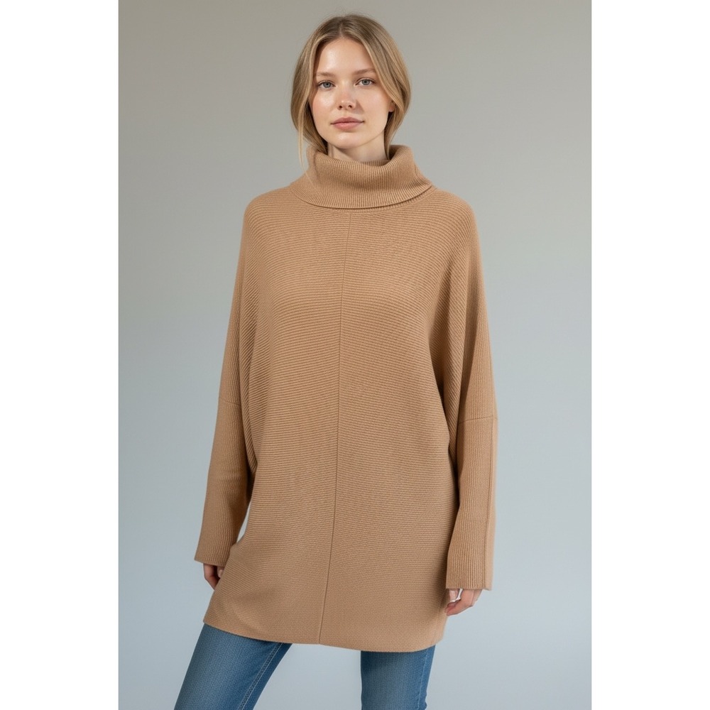 Oversized Camel Turtleneck Size Large Batwing‎ Ribbed Knit Tunic Sweater
